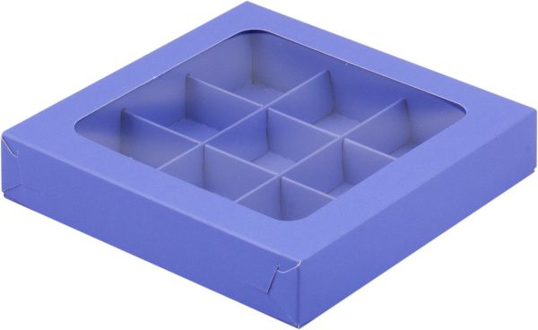 коробка бум. 155х155х30 для 9 конфет лавандовая с окном